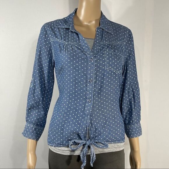 Confess Blue and White Polka Dot Button Up Shirt - Picture 3 of 15